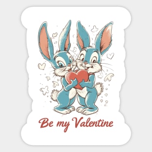 Be My Valentine: Classic Retro American Cartoon - Blue, Red, Cream Bunny Heart Sticker